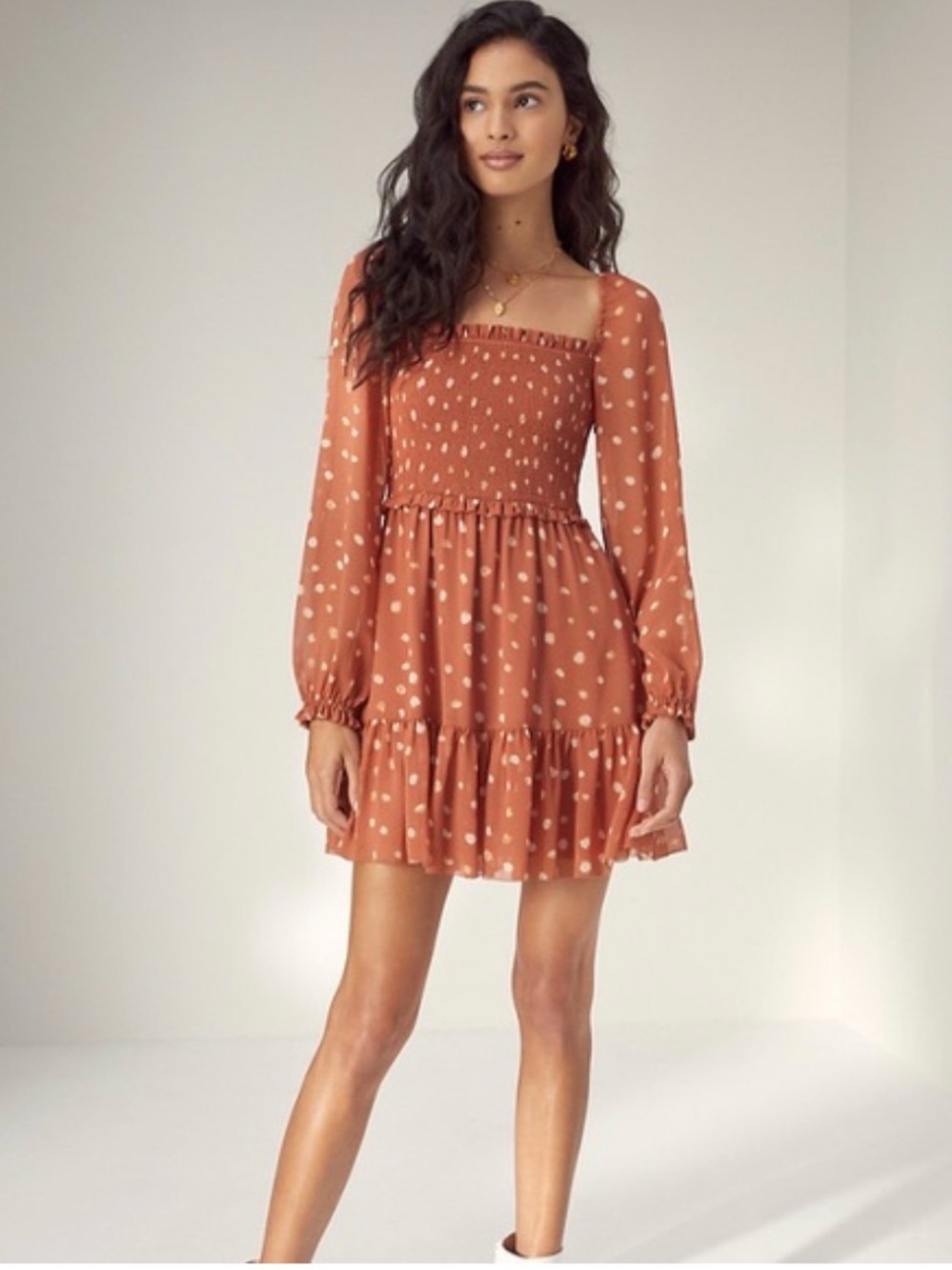 WILFRED ARITZIA Tempest Mini Dress Size XS Polka Dot Smocked Tiered Brown Birch